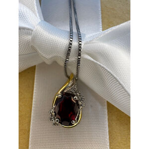 Sterling Silver 10K Gold Garnet Diamond Necklace 18”